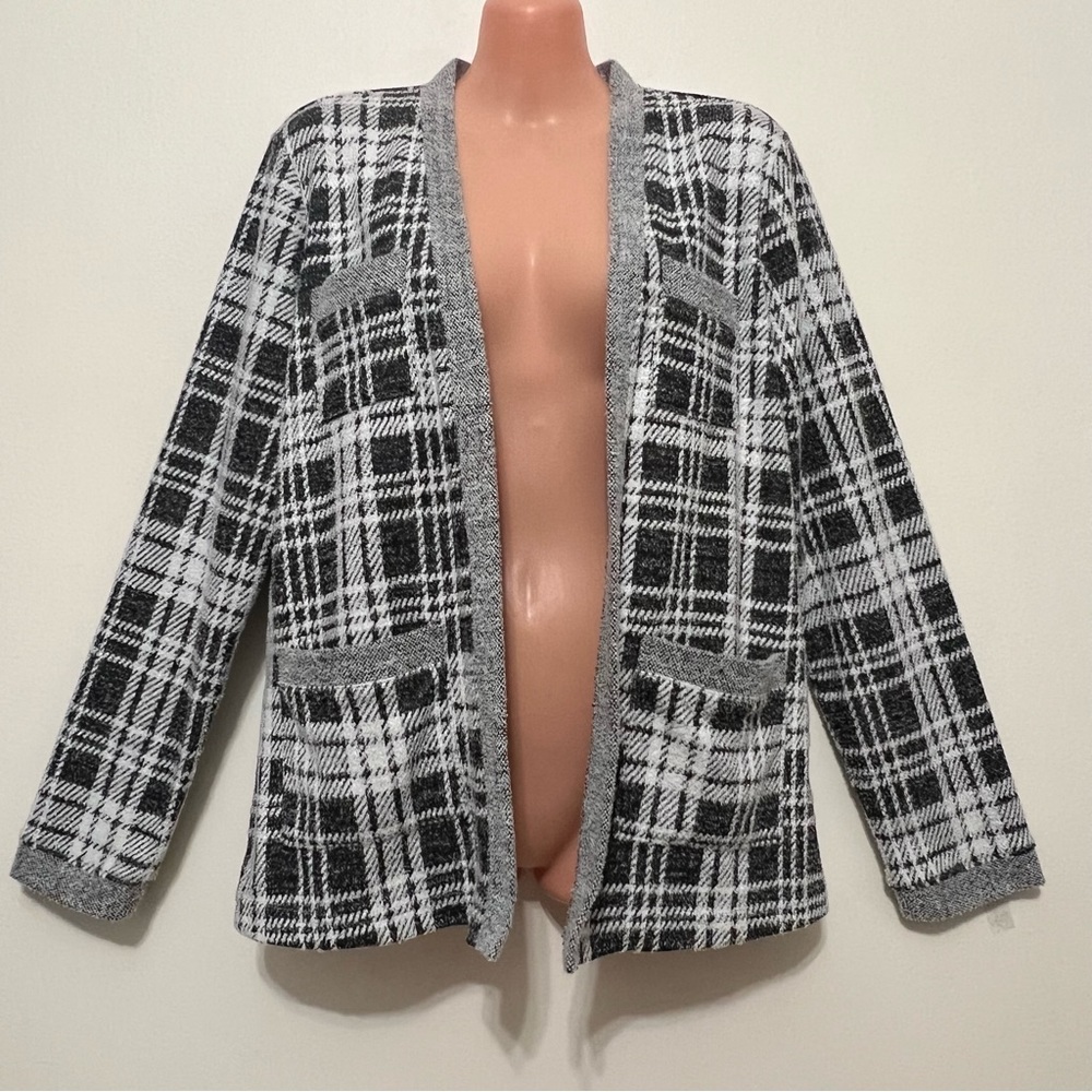 Tribal Black & White Plaid Open Front Cardigan Casual Office Timeless Sophistica - Picture 2 of 8